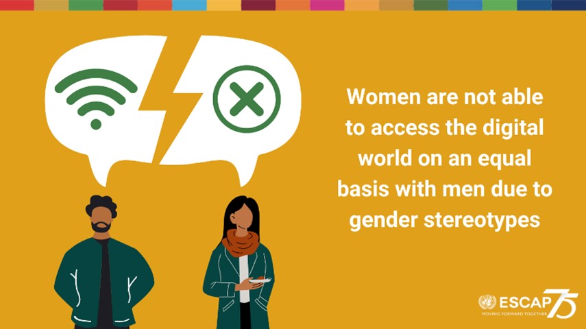 Infographic showing a man with internet access and a women without. The caption reads: "Women are not able to access the digital world on an equal basis with men due to gender stereotypes"
