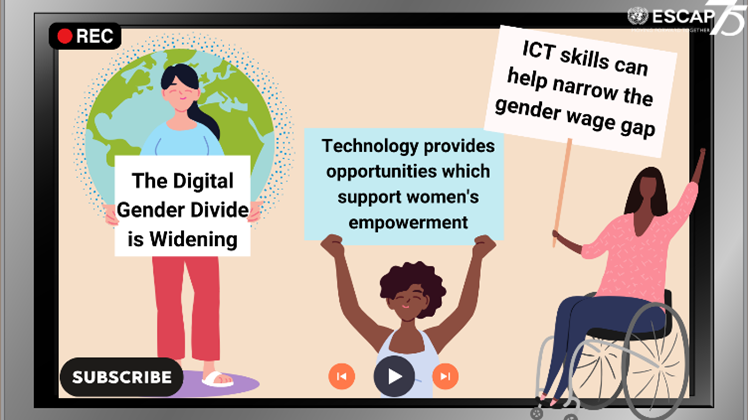 Infographic shows"video2 screen with three women holding signs. The signs read: "The Digital Gender Divide is Widening; Technology provides opportunities which support women's empowerment; ICT skills can help narrow the gender wage gap"